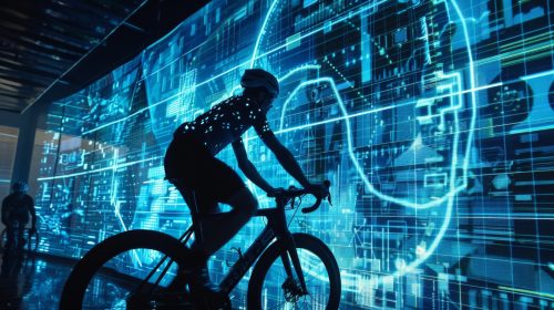 A man cycles through a virtual obstacle course projected onto the wall guided by his holographic trainers voice and movements.